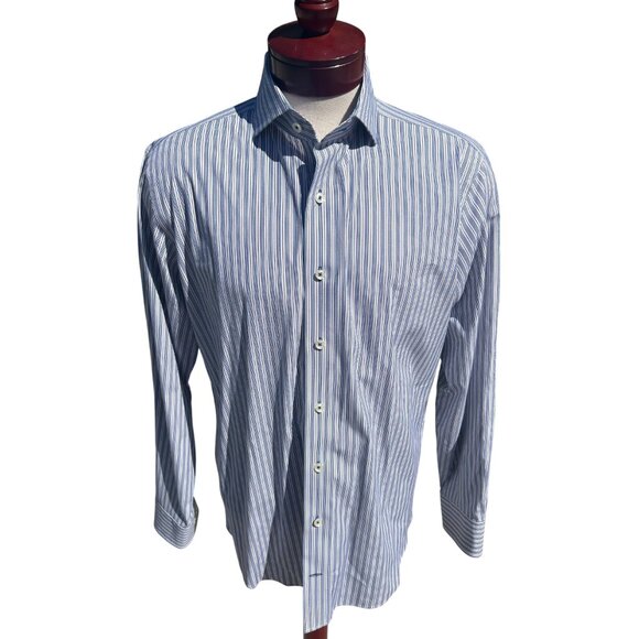 LORENZO UOMO Men's Blue White Brown Stripe Trim Fit Button Up Shirt 16 (34-35) - Picture 3 of 4